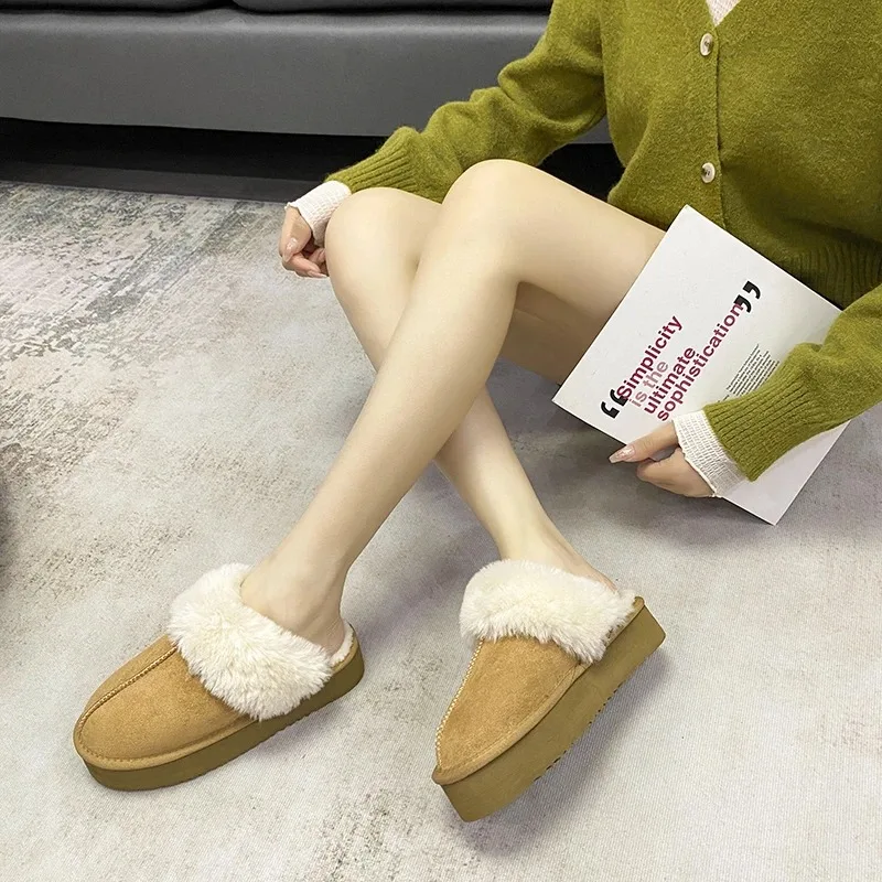 Fashion Platform Women Slippers Casual Home Suede Fur Warm Slingback Flip Flops Hot Sale Brand Plush Cotton Slippers Flats Shoes