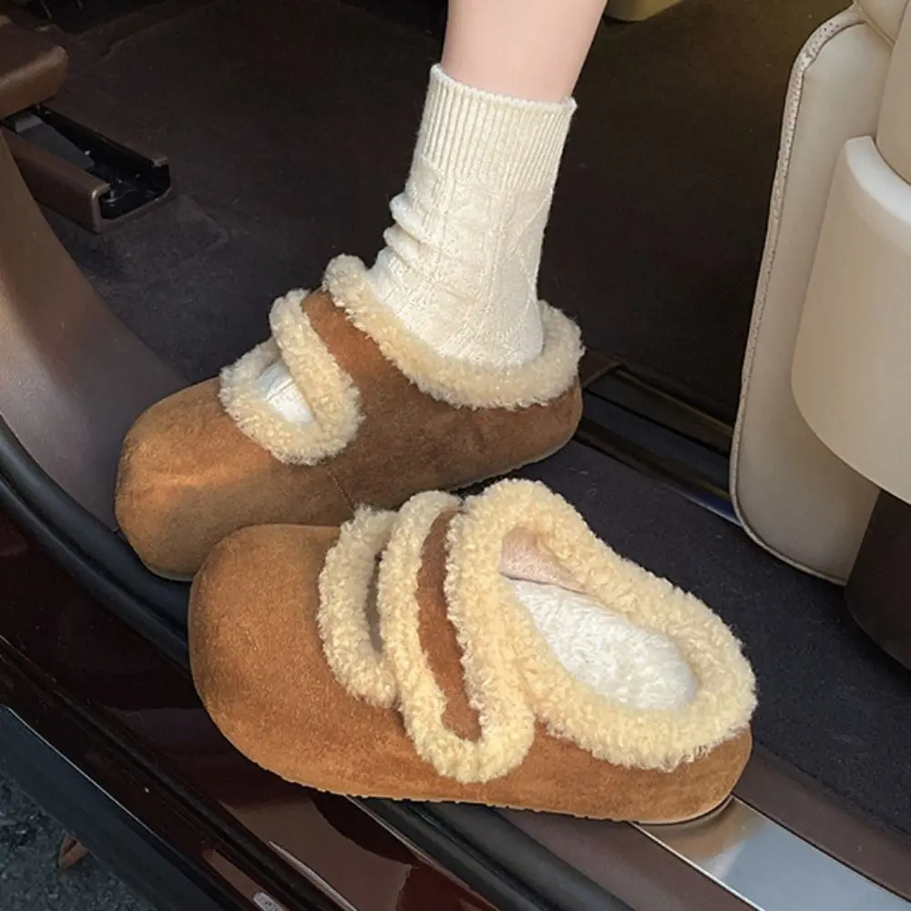 Simple Round Head Suede Warm Slippers Soft Anti-slip Plush Slippers Women Home Wear Thick Bottom Retro Winter Shoes Outdoor
