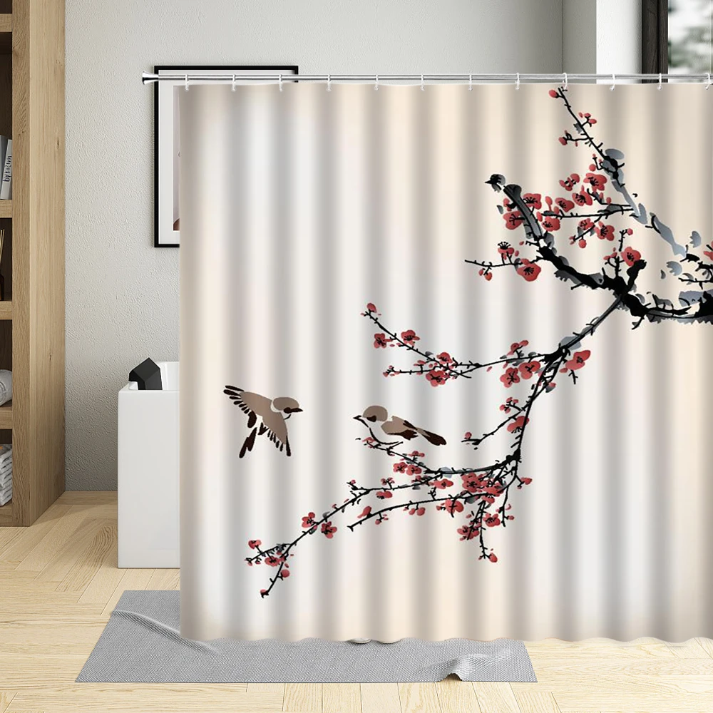 Chinese Style Shower Curtain Red Ink Flower Plum Pink Cherry Blossom Floral Bird Pattern Bathroom Decor Polyester Curtains Sets