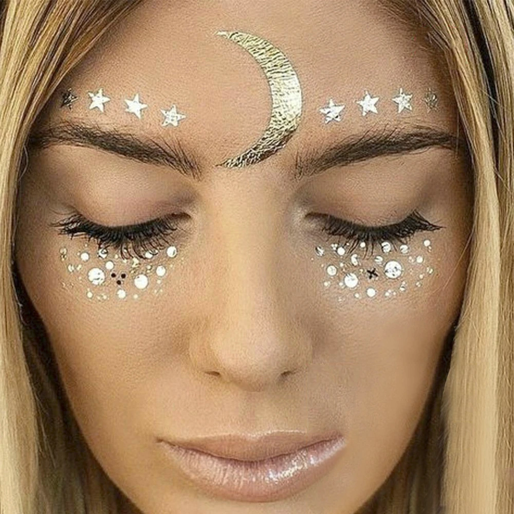 New Flash Face Tattoo Sticker Diamond Eye Makeup Waterproof Stars Choker Pattern Freckles Gold Eye Decals Bride Tribe Girl Party