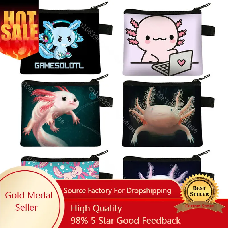 Kawaii Cartoon Gamesolotl Gamer Coin Bags Axolotl Women Purses Small Handbag Boys Girls Coin Purse Credit Card Holder Money Bag