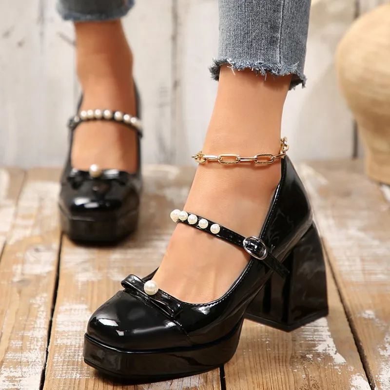 

Luxury Brand Block Heel Mary Jane Single Shoes Fashion Round Toe Shallow Mouth Bow Platform Pump String Bead Straps Dress Shoes