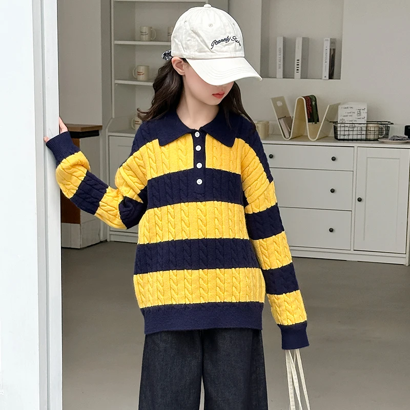 Autumn winter teen girls polo collar striped fried Dough Twists sweater wide leg jeans child casual sweaters denim pants outfits