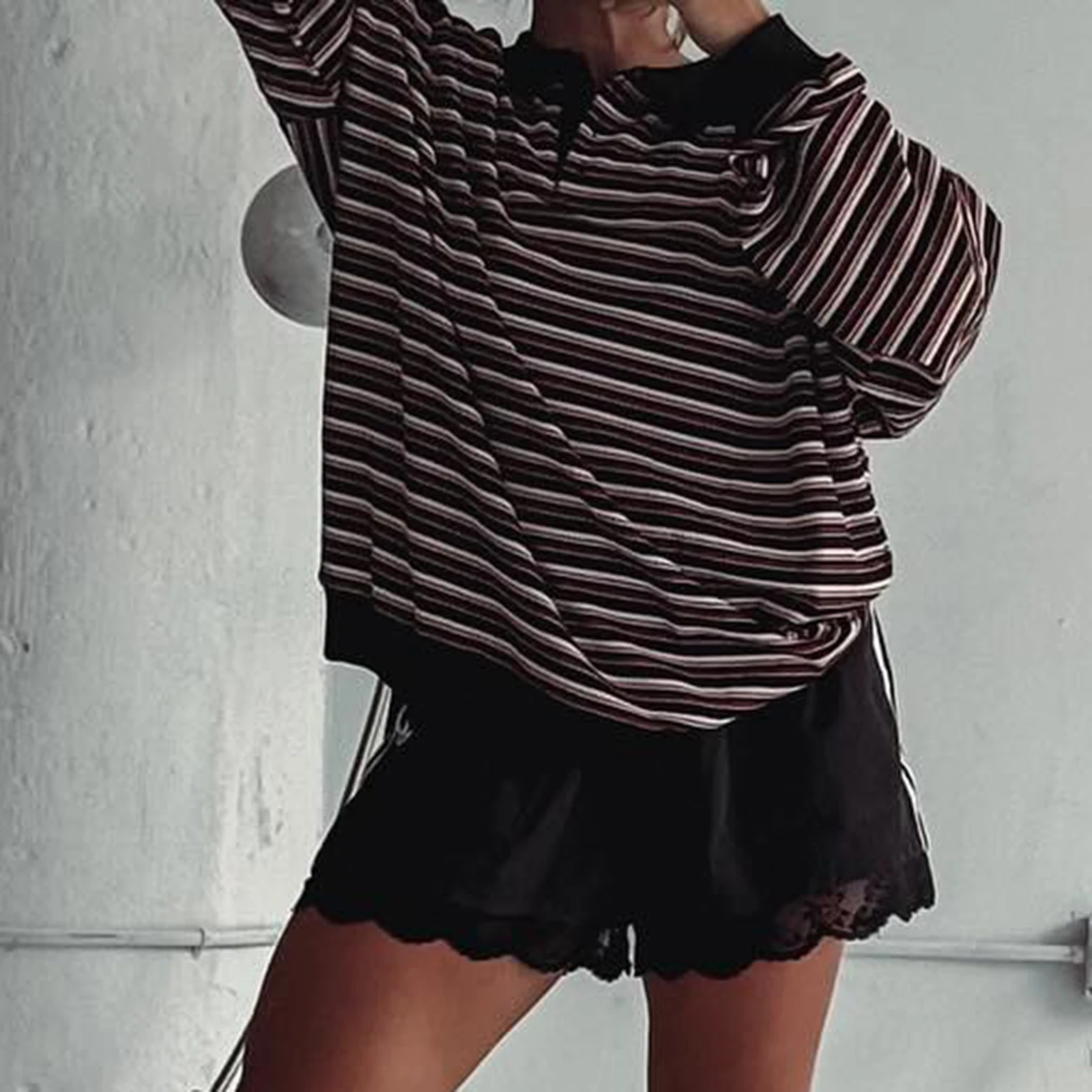 เสื้อยืดแขนยาวทรงหลวมสไตล์วินเทจย้อนยุค ลายทาง ปกพับ ไหล่ตก สำหรับผู้หญิง ฤดูใบไม้ผลิ ฤดูใบไม้ร่วง สวมใส่สบายๆ