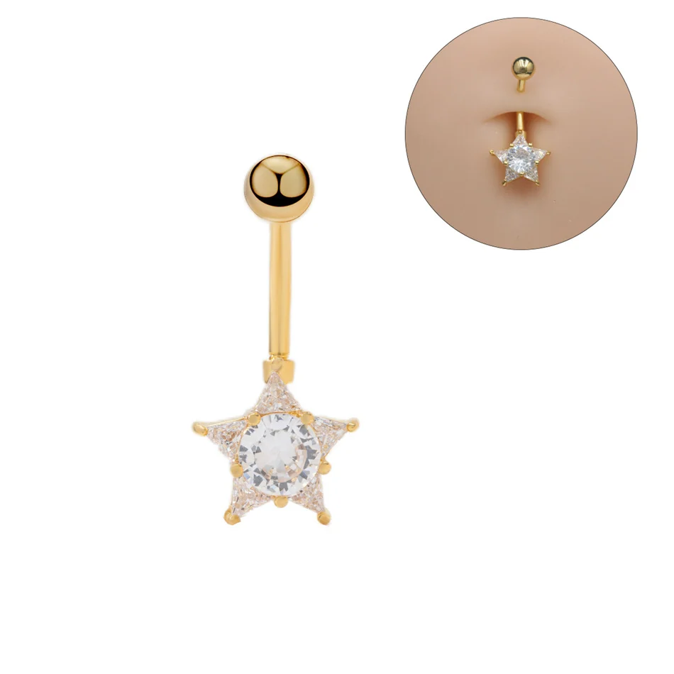 Surgical Stainless Steel Belly Button Ring Bright Crystal Zircon Star Navel Earring 16G Piercing 10mm Barbell Women Body Jewelry