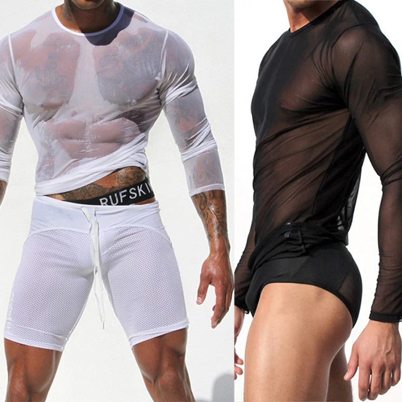 CLEVER-MENMODE Unique T-shirt Men Sexy Transparent Long Sleeve Tees Tops T Shirt Undershirt See Through Fitness Slim Casual image 3