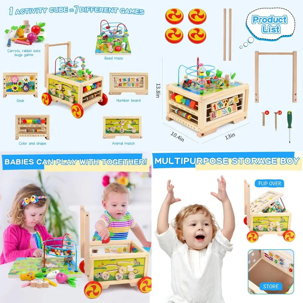 

Montessori 7-Function Wooden Activity Cube for 1+ Year Olds: Educational Toy with Bead Maze, Gears, Numbers, and More