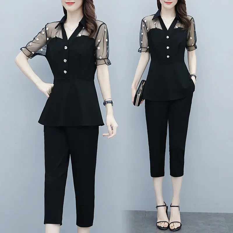 2022 Summer New Korean Fashion Hollowed Out Daisy Elegant Women\'s Suit Sexy Lace Chiffon Shirt Pants Two-piece Set Trouser Suits