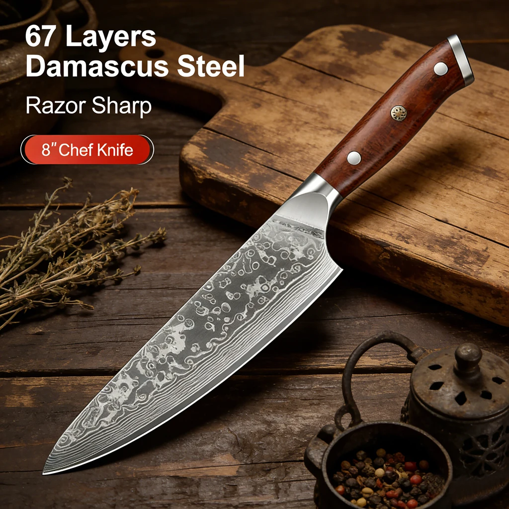

8-inch Japanese Professional Chef's Knives 67 Layer Damascus Steel Super Sharp Meat Vegetable Kitchen Knife with Rosewood Handle