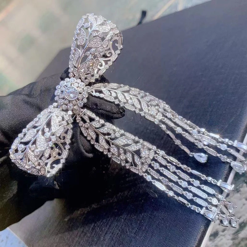 Fine Jewelry Vintage 925 Sterling Silver Bow Tassel Brooch Zircon Ladies Accessories Gift Party Collection Free Shipping