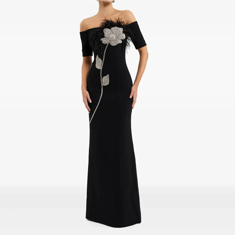 Modern Black Evening Gown For Women Sheath Formal Party Dress Floor Length Saudi Dress Beading Prom Dress With Feather
