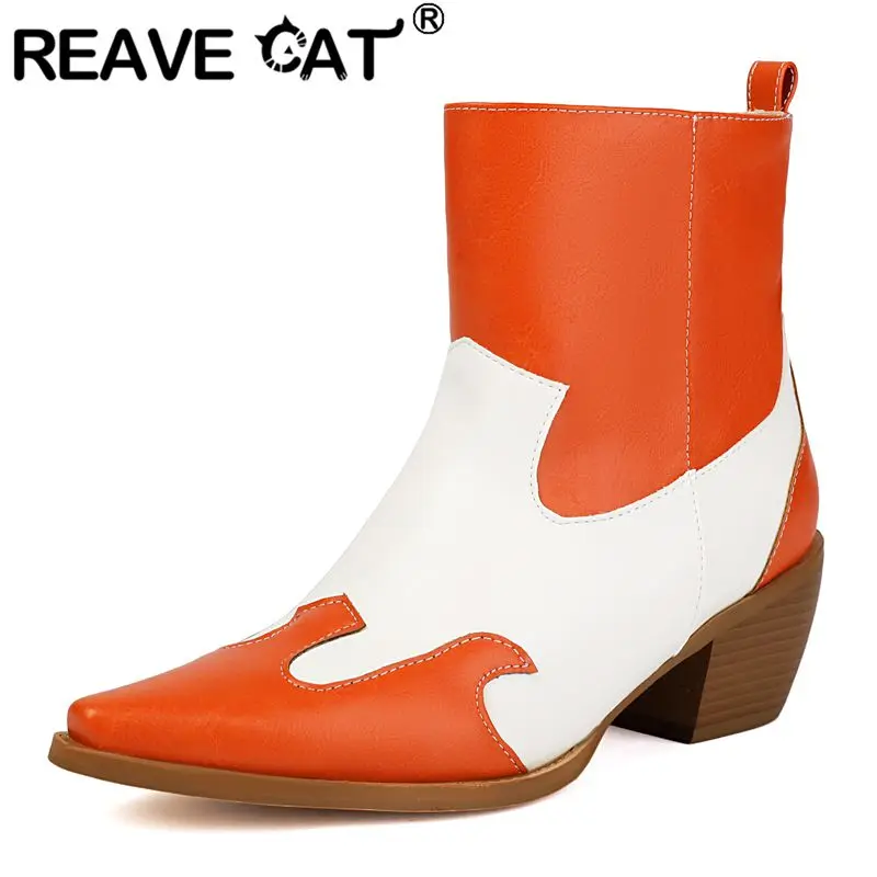 

REAVE CAT Новые женские короткие ботинки с квадратным носком 5,5 см на массивном каблуке без шнуровки смешанного цвета, зимние повседневные ботильоны, большие размеры 41-42