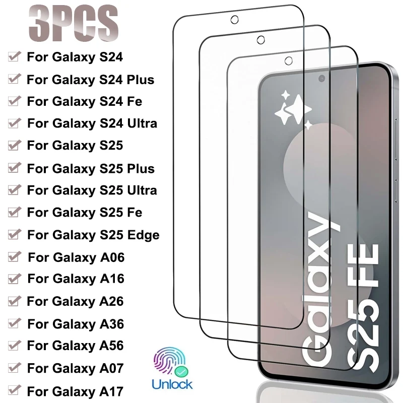 

3PCS Tempered Glass For Samsung Galaxy S24 S25 Plus Ultra S25 Edge Fe Screen Protector For Samsung A17 A07 A16 A26 A36 A56 Glass