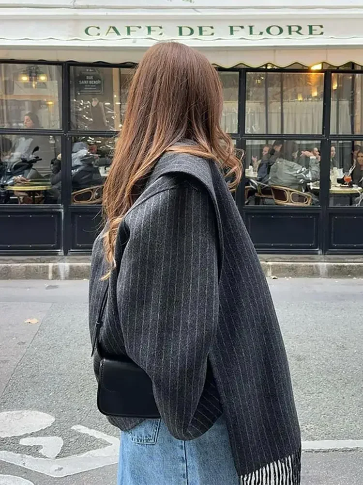 Women Autumn Striped Scarf Collar Coats Fashion Elegant Mid Length Long Sleeve Jackets Autumn New Female Chic High Streetwear