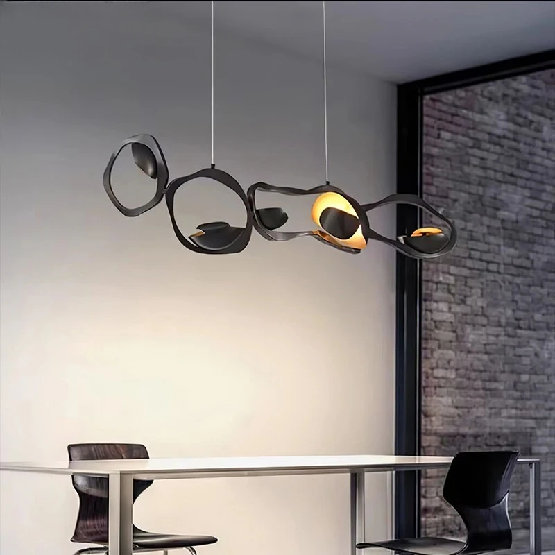 Modern Abstract Organic Chandelier Black Gold Linear Pendant Light Irregular Multi Ring Sculptural LED Hanging Lamp for Dining