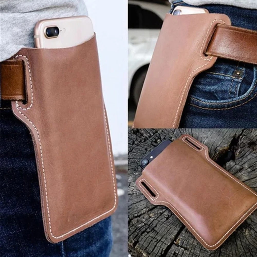 Genuine Leather Cellphone Belt Waist Bag For Men Male Vintage Handmade Loop Holster Mobile Phone Cover Case Holder Bags Man