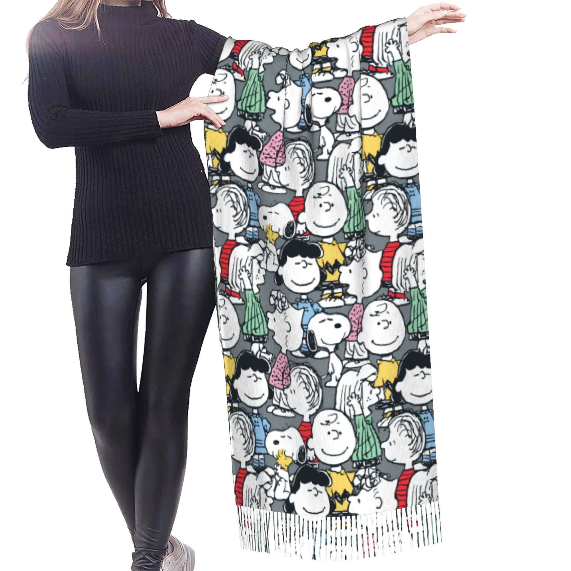 Custom Lady Long S-snoopied Dog Scarves Women Winter Soft Warm Tassel Shawl Wrap Anime Manga Scarf