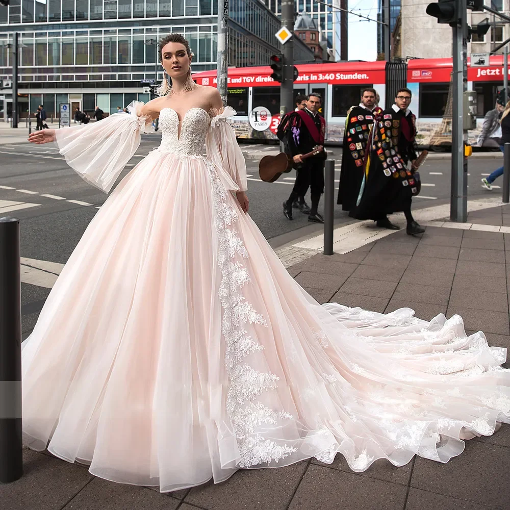 Romantische Ballkleid Brautkleider Schatz mit Applikationen Perlen Brautkleid abnehmbare Ärmel Tüll Vestidos de Novia