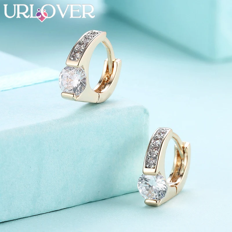 

URLOVER 925 Sterling Silver Earring For Woman Round AAA Zircon Gold Clip Earrings Lady Fashion Party Wedding Charm Jewelry Gifts