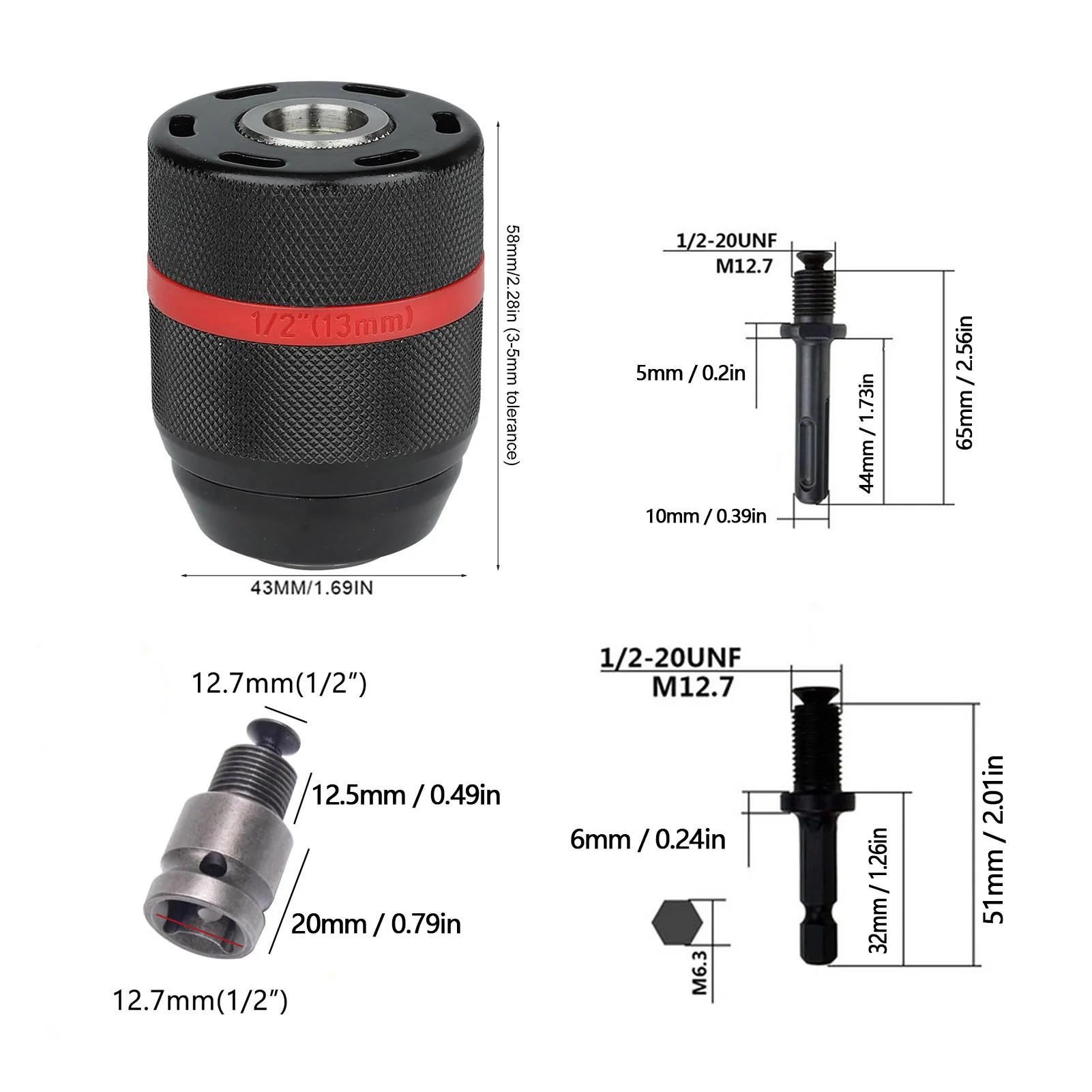 

Electric Drill Chuck, Self Tighten Drill Chuck for Hand Electric Drills 1/2‑20UNF Mount Power Tool Parts Accessories