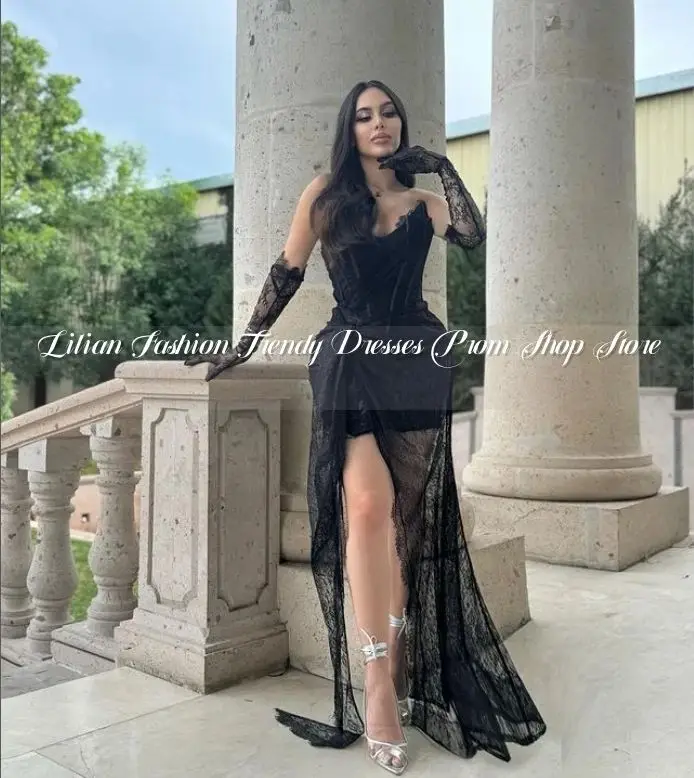 Black Sexy Lace Prom Dress 2025 Arabian Corset Corset with Train Gloves Women's Birthday Party Custom vestidos midi