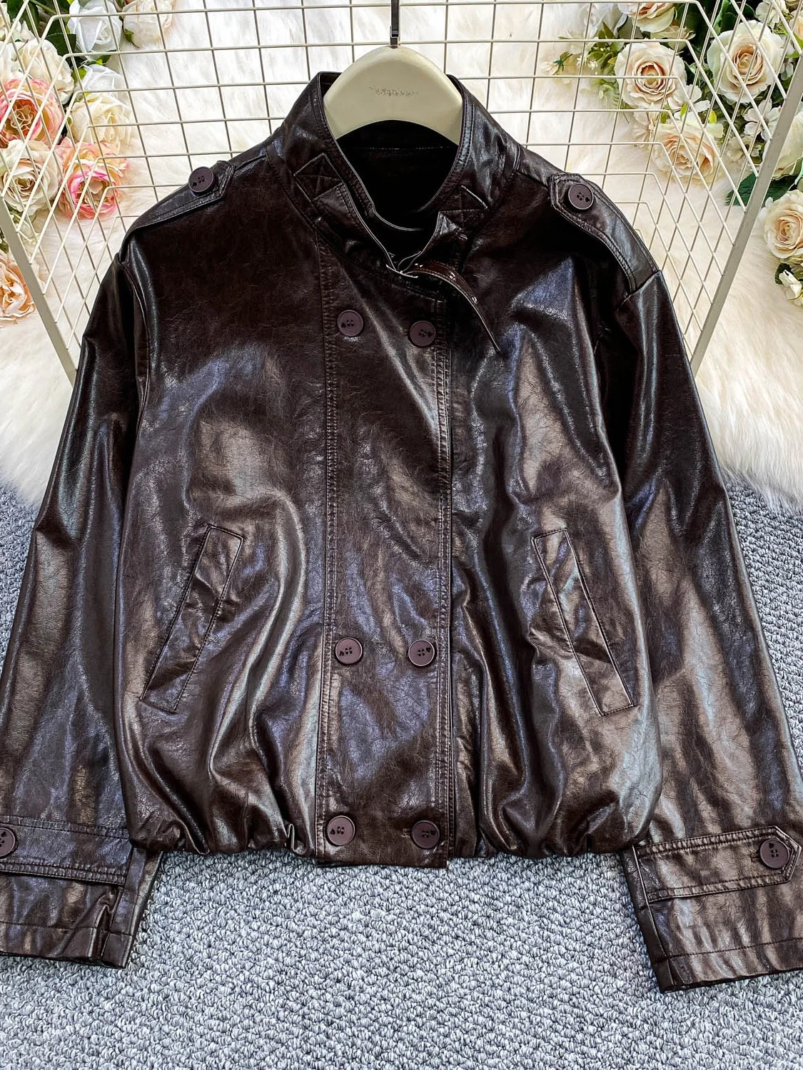 

Café Brown Retro Motorcycle Leather Jacket Women's Loose Fit Cool Style Winter Outerwear Slimming Effect Long Sleeve Shirt