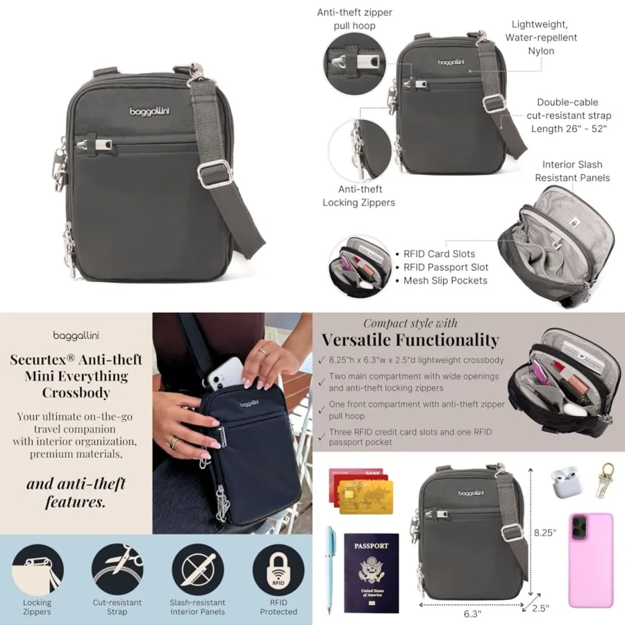

Securtex® Anti-theft Mini Everything Crossbody Bag, 6.3"x8.25" Rfid, Locking Zippers and Cut-resistant Strap