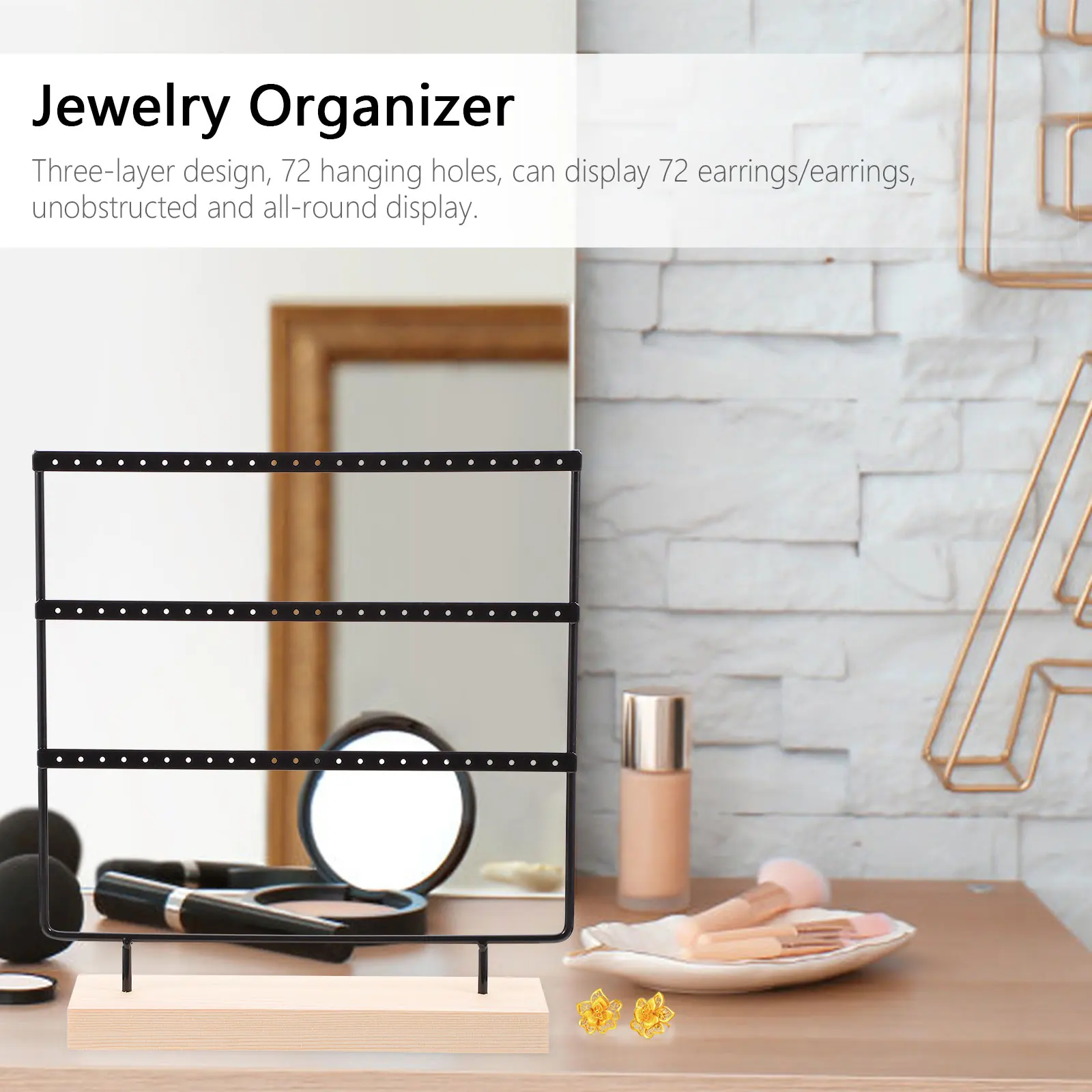 

Jewelry Display St 3 Tier Iron Earring Holder 72 Holes Black Color Retention Wooden Base Travel Desktop ganizer