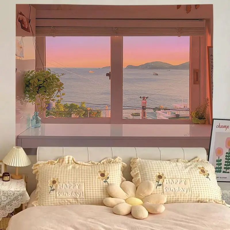 VIKAMA Green Window Ocean View Tapestry Wall Hanging, 6 Designs, Wall Decor for Bedroom Living Room Dorm
