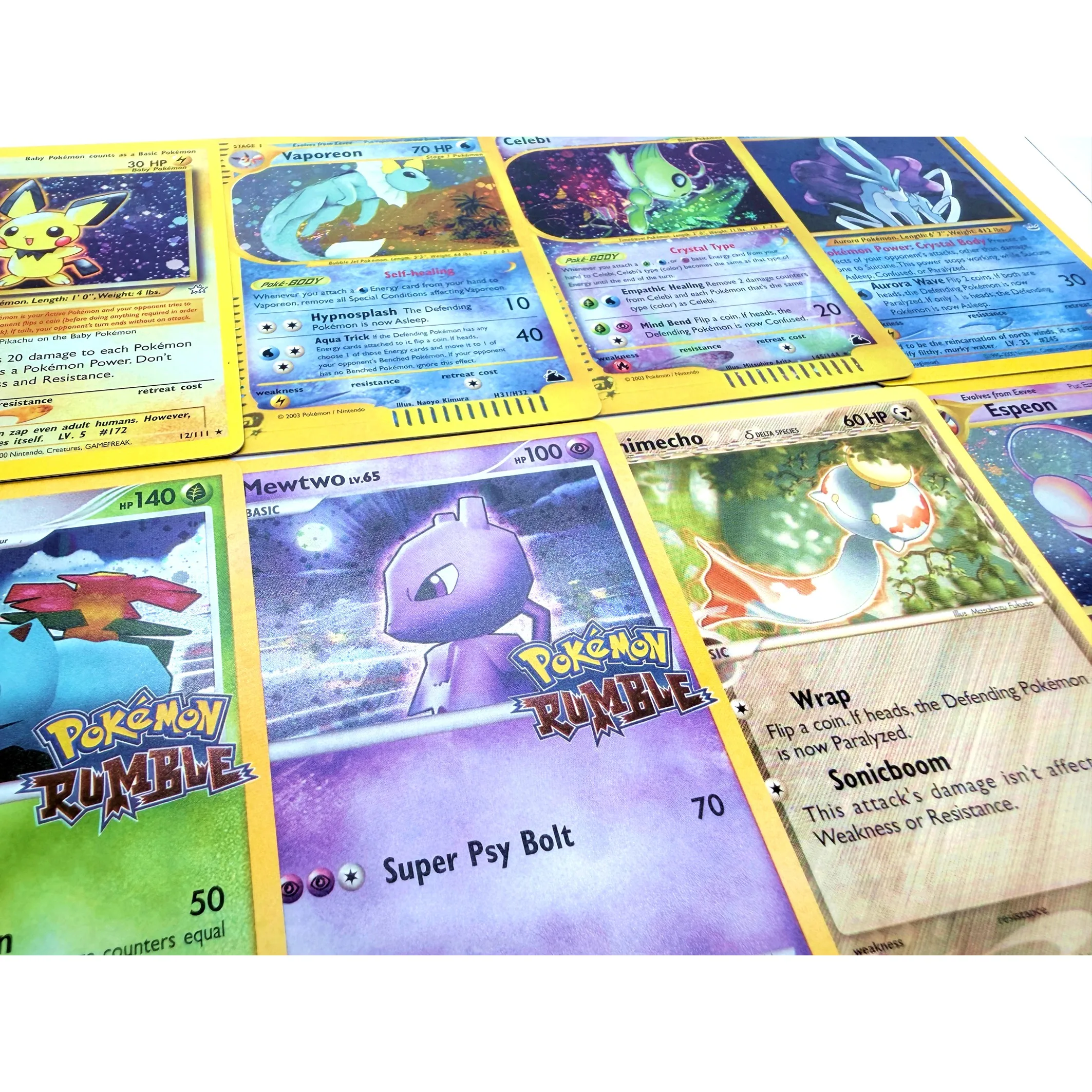 10PCS Vintage Proxy Cards Set Pikachu Mewtwo Suicune Espeon Celebi Retro Yellow Border DIY Collectible Cards
