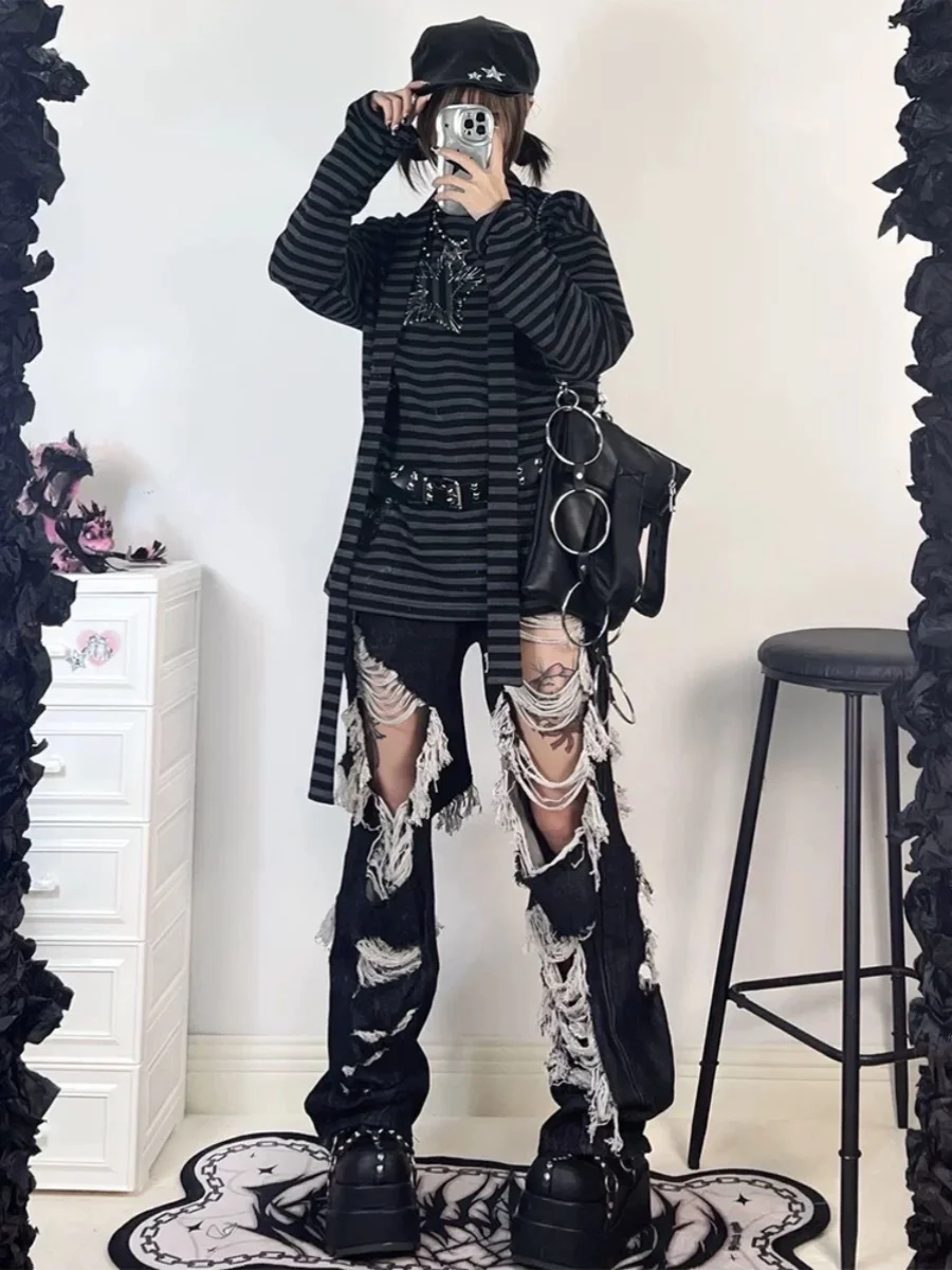 

Женские джинсы Y2K в стиле субкультуры, больших размеров, с высокой талией, прямого кроя, свободные, из черного денима, для фигуры типа «груша», износостойкие