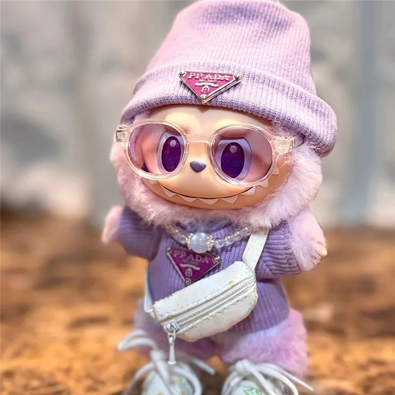 For Labubu15/ 17cm Doll Outfit Clothing Retro Inverted Triangel Sweater Clothes Necklace Headset Glasses Shoes Set Accessories