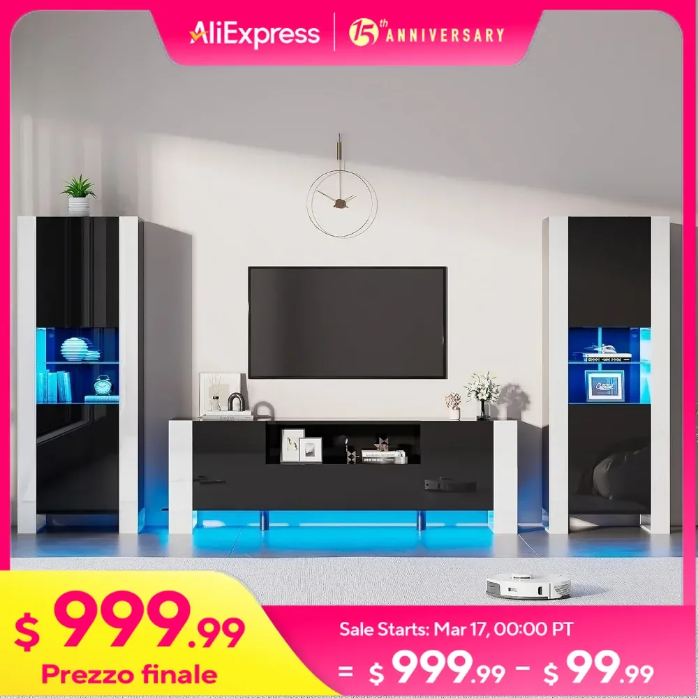 

70" TV Stand with LED Lights, Storage Drawers, 2 Bookcases with 6-Tier Storage & Adjustable Shelves, High Gloss 3-Piece TV Stand