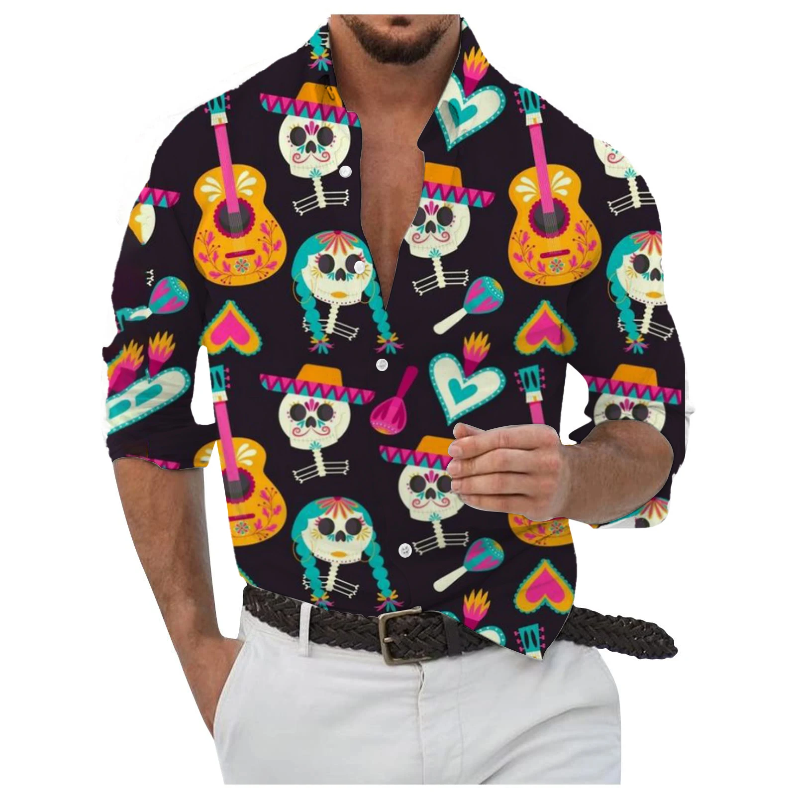 Mexico sugar skull graphic Men's Long Sleeved Shirt Breathable Tops halloween Themed Pattern Full Sleeve Shirt Turn-Down Collar