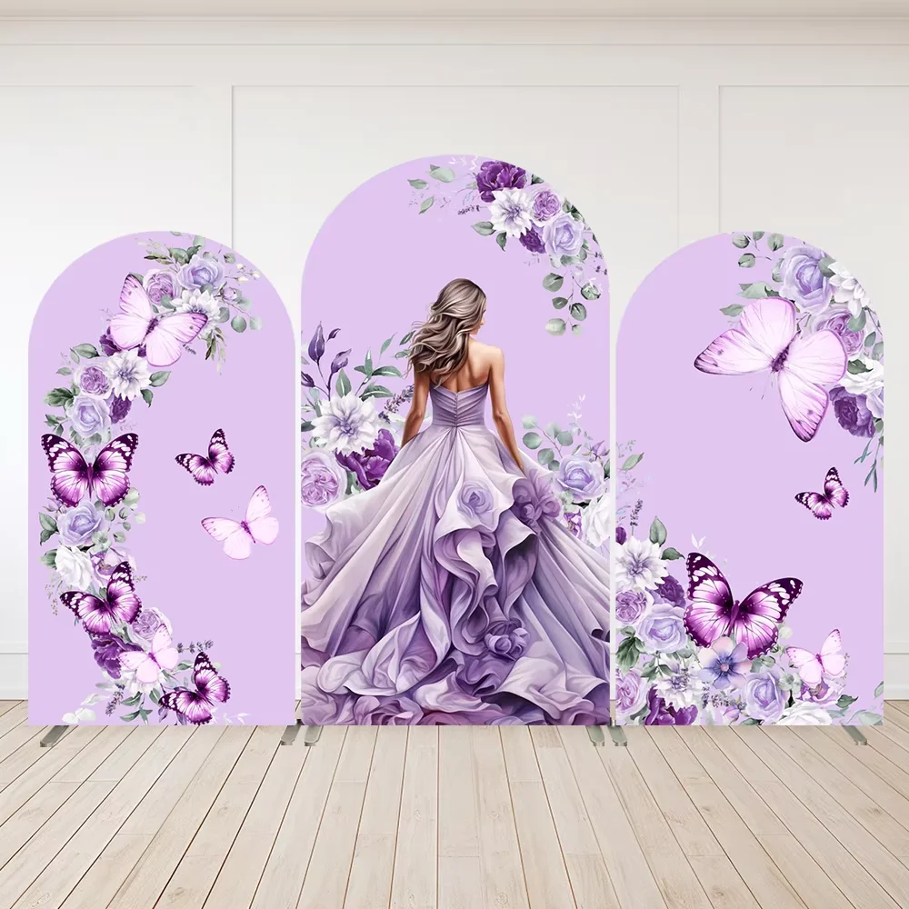Mehofond Purple Butterfly Arch Backdrop Cover Lavender Princess Dress Sweet 15th Birthday Party Arched Wall Flower Decor 2-sided