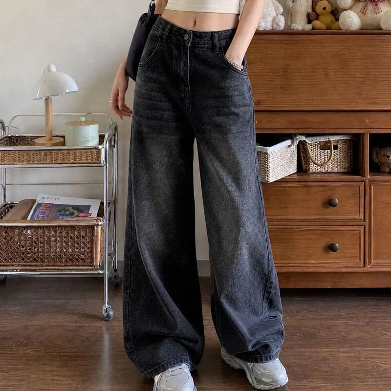 Women's Jeans Casual Washed Wide Leg Jeans American High Waist Straight Denim Pants Female Vintage Loose Floor Length Trousers
