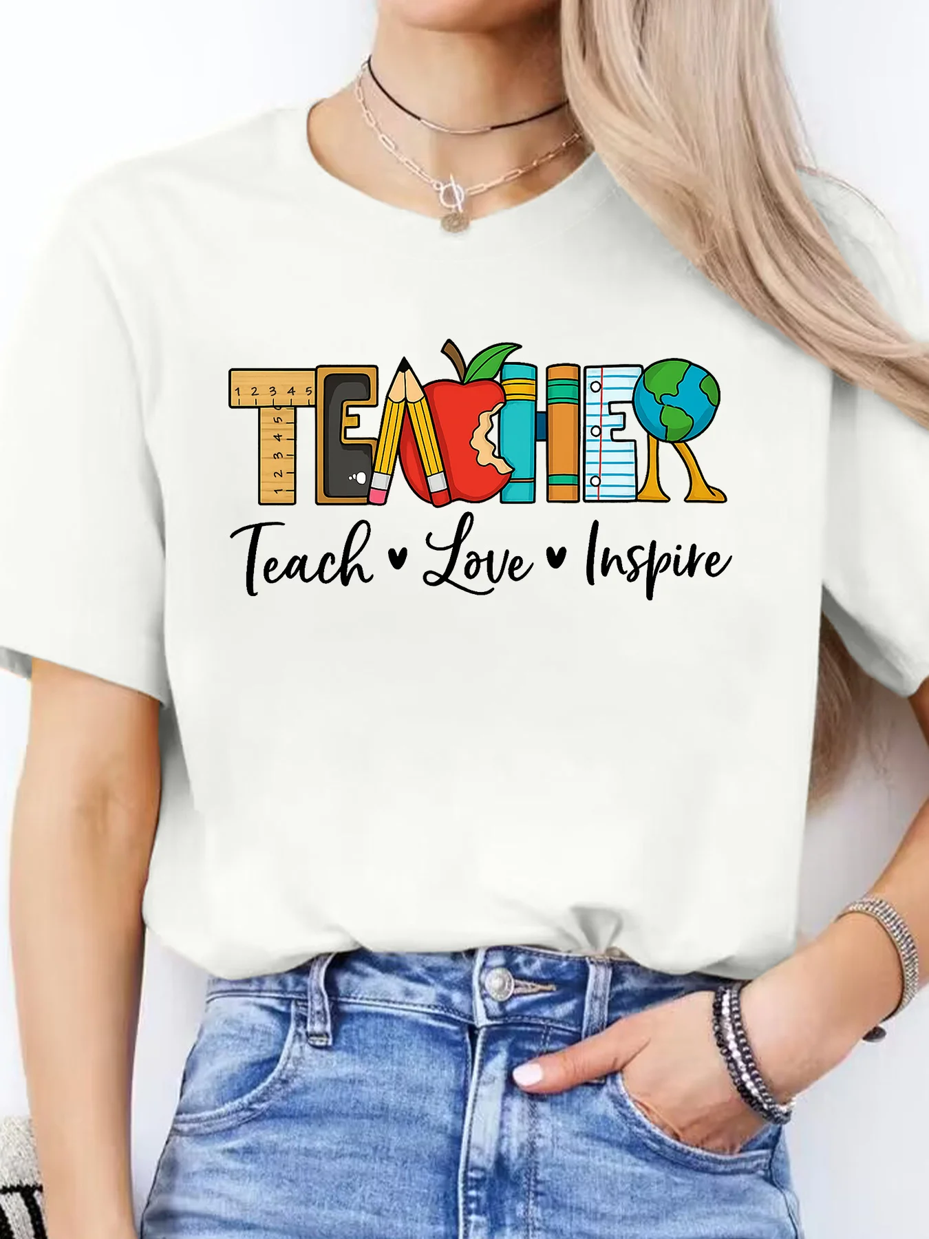 Spanish Letter Print Spring Summer Casual Round Neck Short Sleeve Sports T-Shirt Women's Top