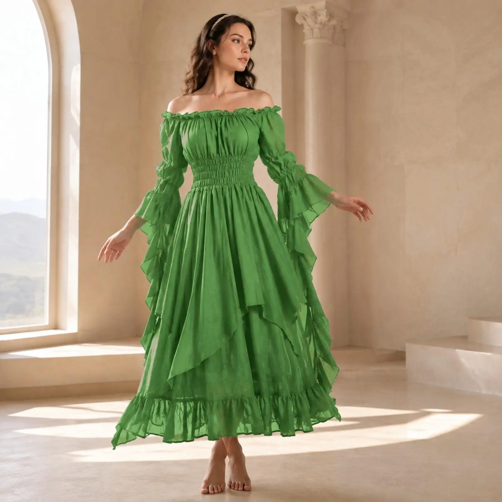 Off Shoulder Women Renaissance Dress Long Sleeve Medieval Style Gown for Festival Photoshoot Flowy Elastic Waist Skirt view 3