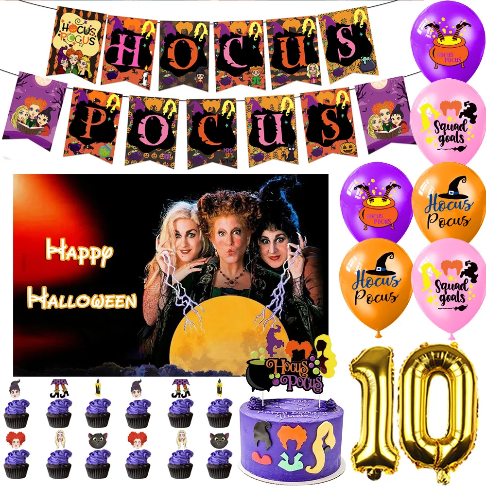 

Disney Hocus Pocus Halloween Party Decorations Number Balloon Background Banner Cake Topper Birthday Halloween Party Supplies