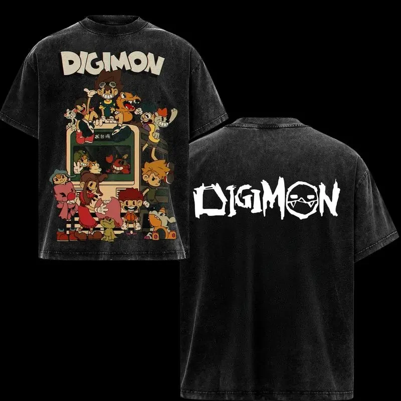 Digimon Agumon Anime Printed Tee Men Women Washed Cotton T-shirts Manga Vintage T Shirt Harajuku Male Short Sleeve Casual Tshirt