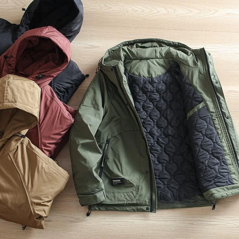

Thiened Cotton Jaet Men's Outdoor Workwear Sle Winter Warm Windproof Casual Hooded Coat Stand Fit Youth Faion