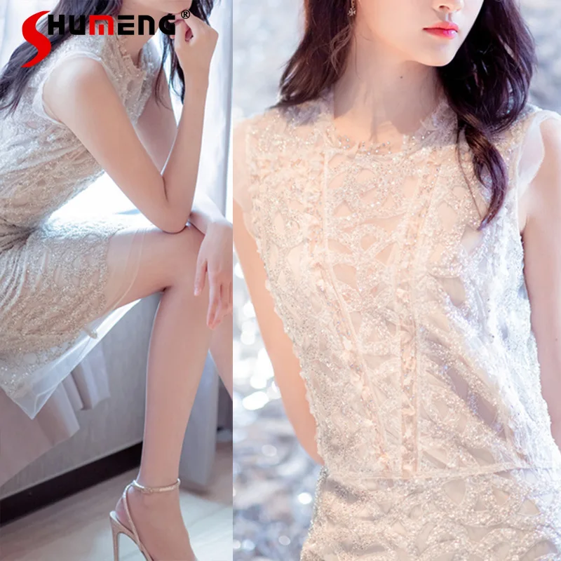 

Fashion New Trendy Sequined Socialite Female Elegant Lace Dress Sexy Hot Girl Slimming Sleeveless Dresses Women's Clothes