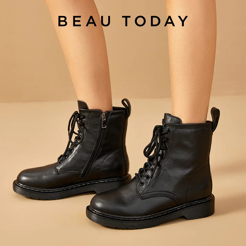 BeauToday Ankle Boots Women Cow Leather Lace-up Boot Round Toe Winter Warm Ladies Shoes Plus Size SS04218