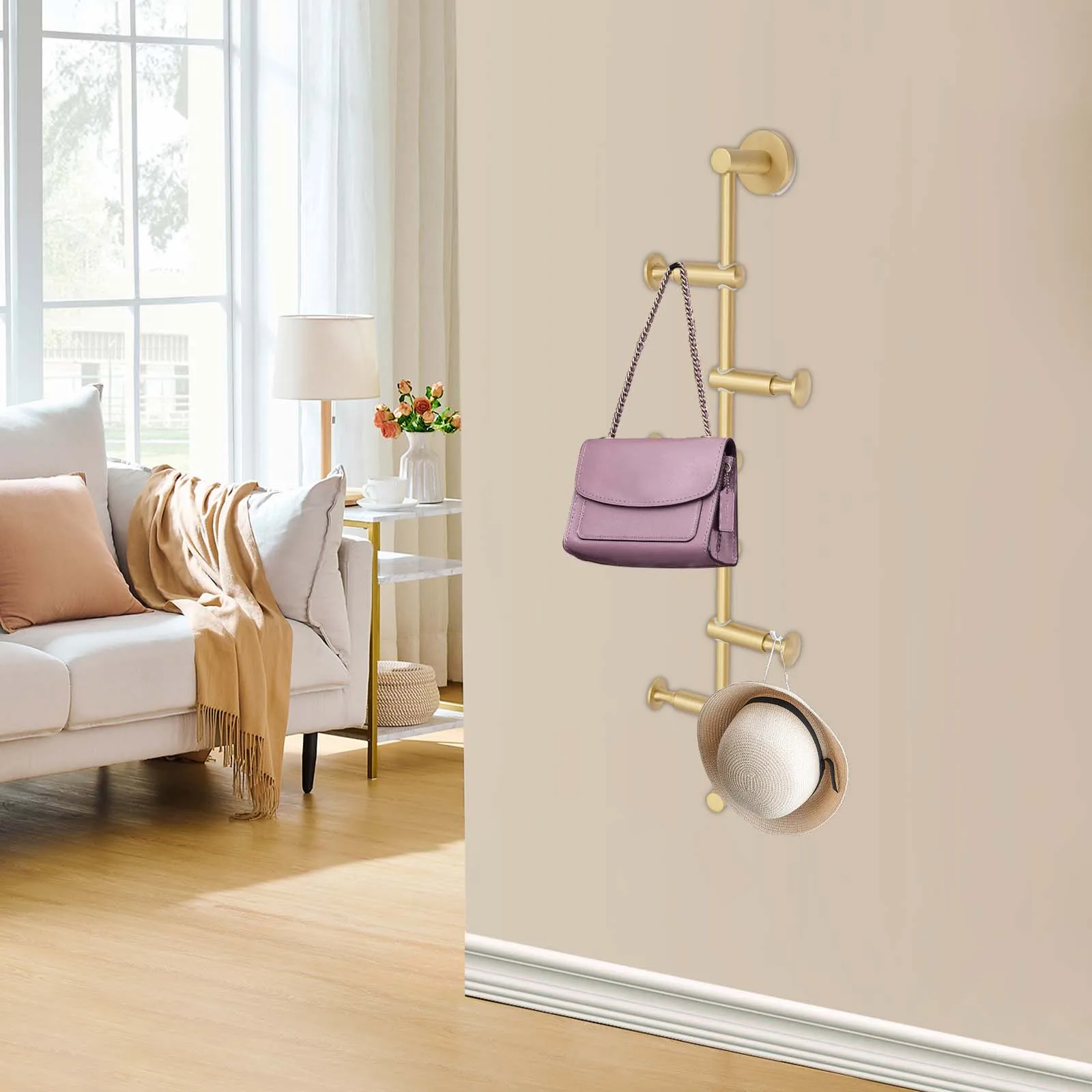 

6-Hook Brass Solid Coat Rack, Wall Mounted Storage Organizer with Anti-Fall Stopper for Bedroom, Living Room & Bathroom