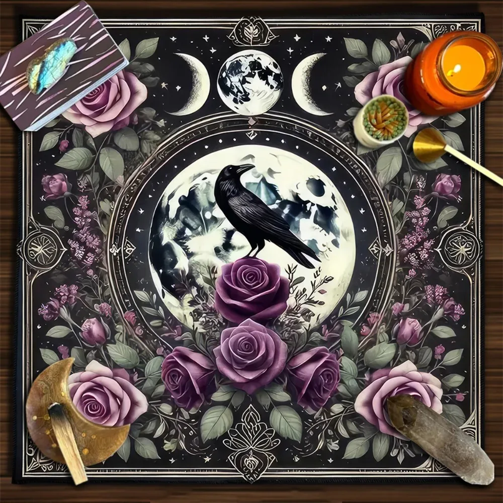 Witchcraft Black Raven Altar Cloth Tarot Tablecloth  Triple Moon Divination Cloth with Floral and Plants Witch Home Room Decor