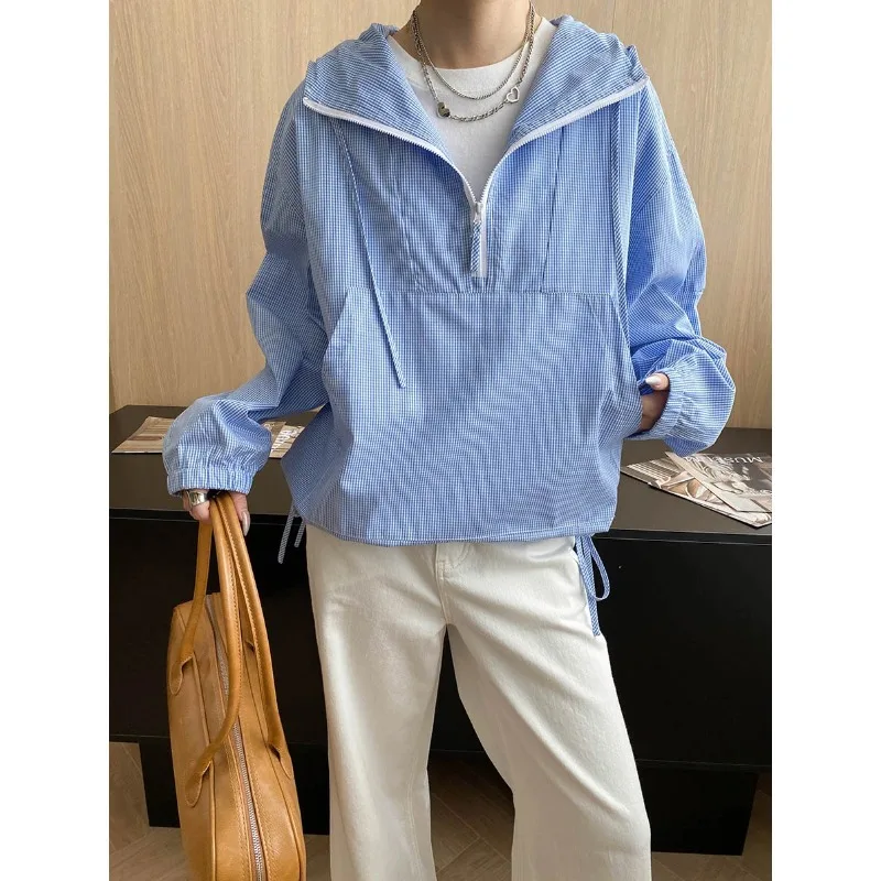 

SuperAen осенняя повседневная клетчатая свободная хлопковая куртка с капюшоном на полумолнии и шнурком для женщин