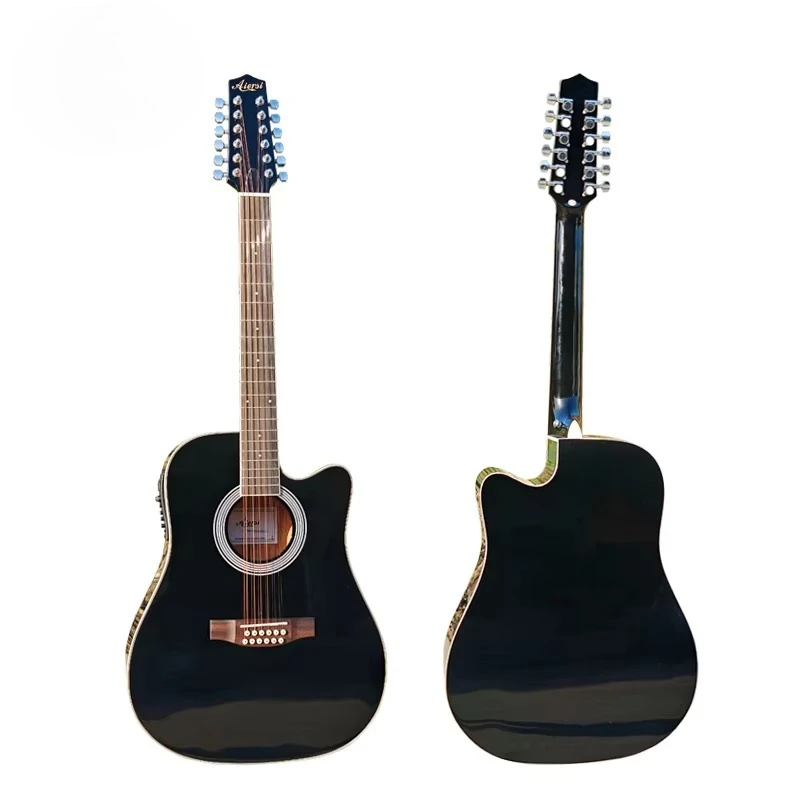 Black 41Inch 12‑String Acoustic Electric Guitar Plywood Spruce Top Mahogany Back Sides Wooden Folk String Instrument for Players