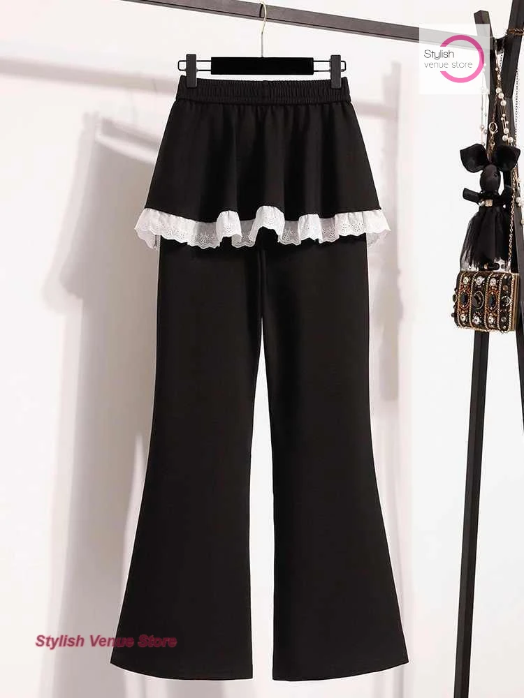 Korean lace pants female spring and autumn fake two fart curtain pants new skirt pants plus size loose slim bell bottoms.
