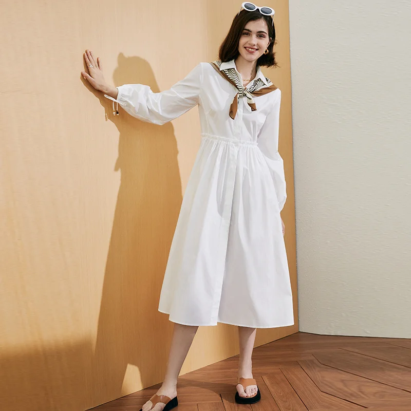 

Big M White Label Series High Count Poplin Cotton 22 New Polo Collar Long Sleeve Pleated Waist Wrapped Shirt Dress