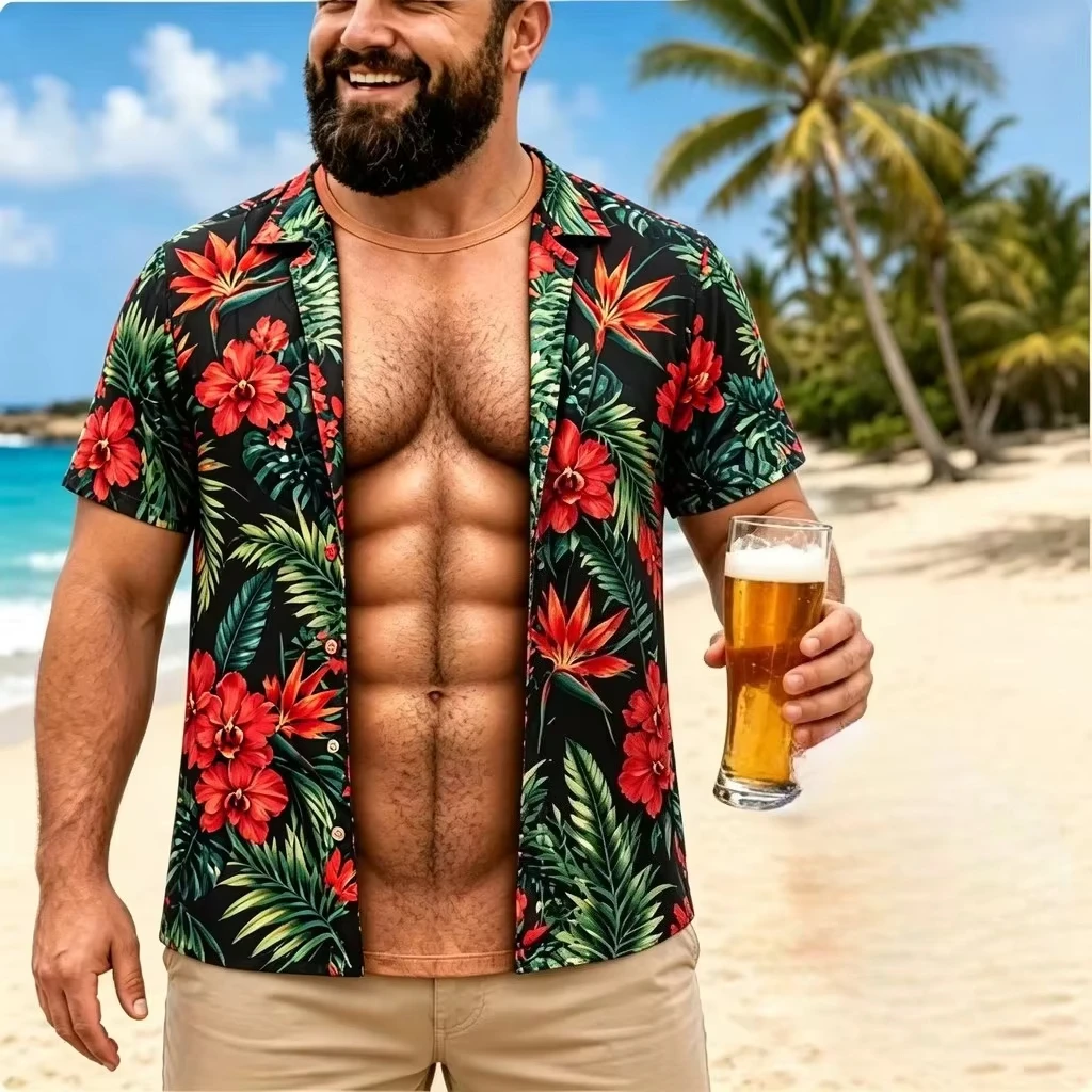 Fun and Novel Muscle-illusion Style Design Printed Summer Man and Women T-shirt Short Sleeve Quick-dry Pullover Beach Tops